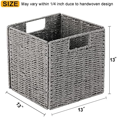 Vagusicc Wicker Storage Basket, Set of 2 Hand-Woven Storage Baskets for Shelves with Handles, Foldable Cube Storage Baskets Bins Organizer 13 inch Large Wicker Baskets for Pantry Bedroom Decor, Grey - Image 2