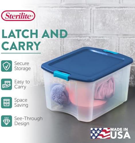 Sterilite 18 Gal Latch and Carry, Stackable Storage Bin with Latching Lid, Plastic Container to Organize Closets, Clear with Blue, 6-Pack - Image 3