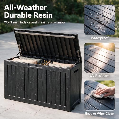 92 Gal Deck Box,Waterproof Resin Outdoor Storage Gas Lift,Lockable Black - Image 3