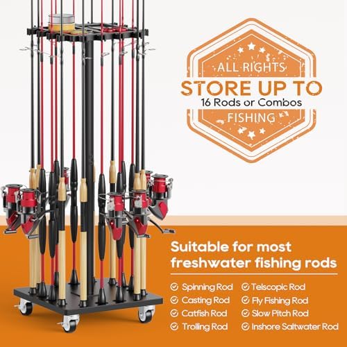 Fishing Rod Holder Rack with 360° Rotating Base – 16 poles Capacity,multi-purpose Rod Storage Rack,Easy Install & Durable Wooden Vertical Fishing Pole Holders for Ground,Black - Image 4