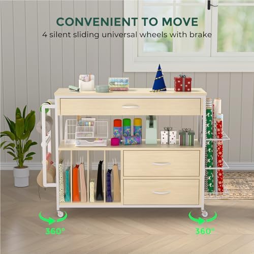 Wrapping Paper Storage & Organizer, Craft Cart with Ribbon & Gift Bag Storage, Wrapping Paper Organizer Holder(3 Wooden Drawers- Oak) - Image 6
