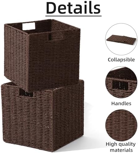 12x12x12 Inch Wicker Storage Basket, Set of 2 Hand-Woven Paper Rope Wicker Baskets, Foldable Cube Storage Bins, Brown Storage baskets Cubes, Square Baskets for Organizing Shelves Decor - Image 2
