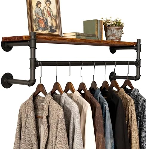 WEBI Wall Mounted Clothes Rack with Shelf,36" Industrial Pipe Clothing Rack with Shelf with Hanging Rod,Heavy Duty Iron Garment Rack Bar,Retail Display Clothes Rod for Laundry Room,Closet,Black by WEBI