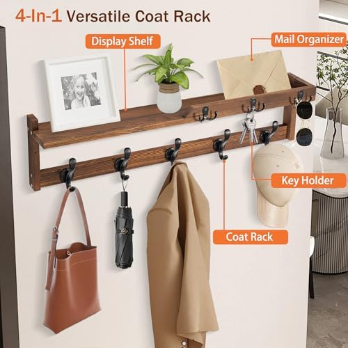 29'' Coat Rack Wall Mount with Shelf, Coat Hanger Wall Mount with Key Hooks and Mail Holder, Wood Entryway Floating Shelf with Hooks and Storage, Hat Rack for Wall Key Holder Mail Organizer - Image 2