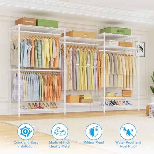 Ulif E13 Max Heavy Duty Clothes Rack（With 4 Hanger Rods & 8 Shelves） Freestanding Clothing Racks for Hanging Clothes，Adjustable Closet，Metal Garment Rack 86" W x16 D x77 H，Max Load 1100LBS，White - Image 6