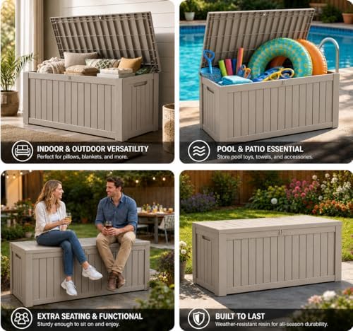 LAUSAINT HOME 260 Gallon Resin Deck Box, Outdoor Toy Storage Box, Package Delivery Box with Lockable Lid, Waterproof Outdoor Storage Box For Garden Tools, Patio Cushions(260 Gallon,Grey) - Image 4