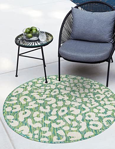 Unique Loom Outdoor Safari Collection Area Rug - Leopard (7' 10" Round Green Blue/Ivory) by UniqueLoom
