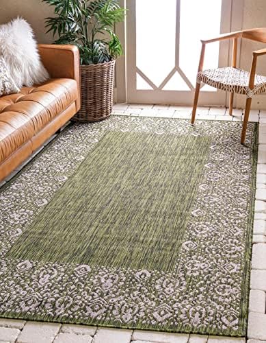 Unique Loom Outdoor Border Collection Area Rug - Floral Border (10' x 14' 1" Rectangle, Green/ Ivory) by UniqueLoom