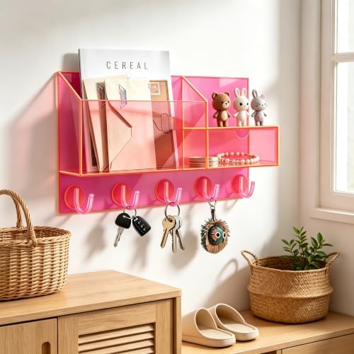 Acrylic Key Holder Wall Mount Mail Organizer for Wall with Shelf Storage Drawer and 5 Hooks, Neon Pink - Image 2