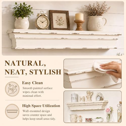 31.5 Inch Distressed White Wall Shelf, Rustic Farmhouse Floating Shelf - Image 4