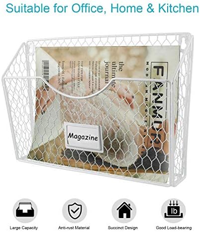 PAG-Mass 6 Pockets Hanging File Holder Wall Mount Mail Organizer Metal Chicken Wire Magazine Rack with Tag Slot, White - Image 2