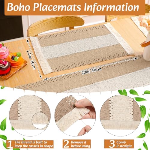 6 Sets Boho Placemat Table Runner Napkin Rings, Neutral, 12x72 - Image 4