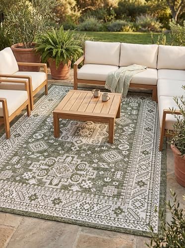 Rugs.com Outdoor Aztec Collection Rug – 8' x 11' Green Flatweave Rug Perfect for Living Rooms, Large Dining Rooms, Open Floorplans by Rugscom