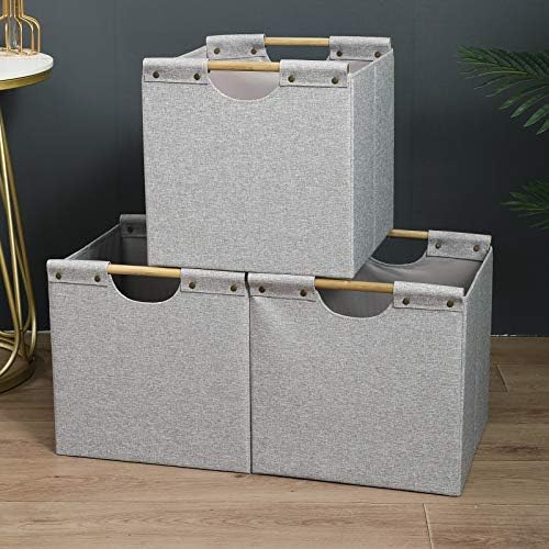 HOONEX Collapsible Storage Bins, 12x12x12in Storage Cubes Linen Fabric, 3 Pack, Storage Baskets with Wooden Carry Handles and Sturdy Heavy Cardboard, for Home, Office, Car, Nursery, Light Grey - Image 5