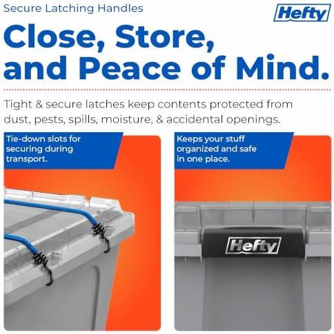 Hefty 12 Gallon Storage Bin with Clear Lid, Heavy Duty Plastic Storage Container Stackable Tote for Garage Closet Home Organization, Medium Storage Bin, 6 Pack, Grey - Image 3