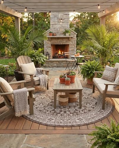 Rugs.com - Outdoor Aztec Rug – 5 Ft Round Brown Indoor/Outdoor Rug – Washable, Weather-Resistant for Patios, Decks, and Porches - Image 4