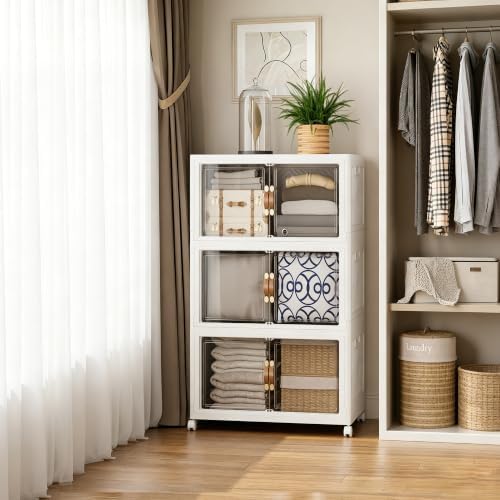 SAILUN 146QT Stackable Storage Bins with Lid, Storage Cabinet 3 Pack White by SAILUN