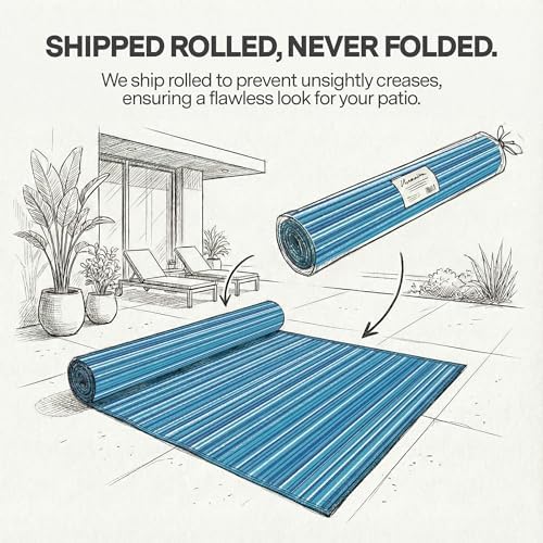 FH Home Outdoor Rug - Waterproof, Fade Resistant, Reversible - Premium Recycled Plastic - Striped - Patio, Deck, Porch, Balcony - Havana - Turquoise Crease Free - 5 x 8 ft - Image 3