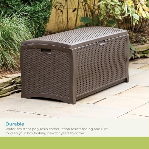Suncast 99 Gal Wicker Resin Deck Box, Storage Chest Bin with Handles, Java - Image 5