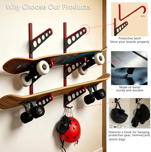 Skateboard Rack Wall Mount with Hooks, Metal Holder for Longboards, Snowboards and Skis, Sports Equipment Organizer for Home Garage - Image 2