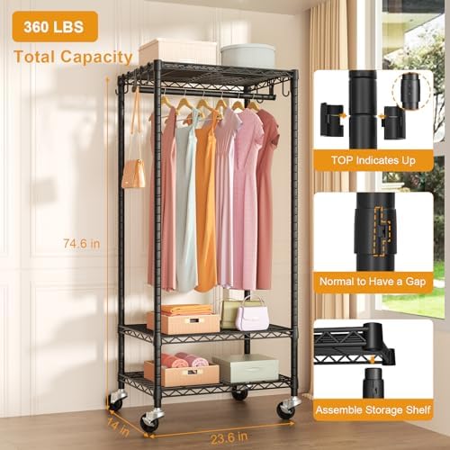 FUTASSI Rolling Clothes Rack, Clothing Racks for Hanging Clothes, Black - Image 6