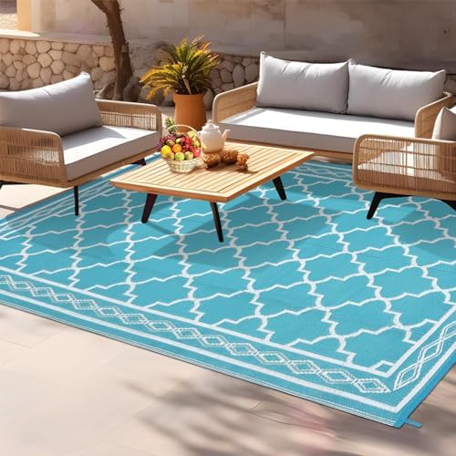GlowSol Reversible Outdoor Rug 9x18 ft Clearance, Waterproof Outdoor Plastic Straw Rug with Carry Bag, Modern Geometric Patio Rug,RV Mat for Porch,Deck,Backyard,Camping,Balcony,Deck,Backyard,Blue - Image 6