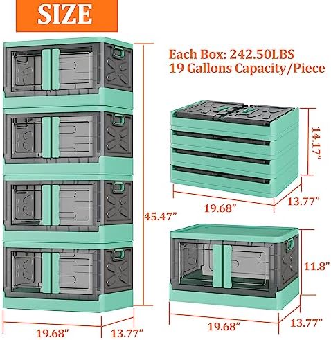 Storage Bins with Lids, Stackable Wheels & Folding Plastic Boxes 4 Set, Collapsible Containers for Closet Office Organizing, Clothes, Toys, Books, 52 Gallons, Dark Green - Image 2