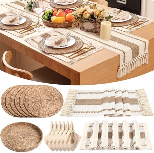 6 Sets Boho Placemat Table Runner Napkin Rings, Brown, 12x72 by Gandeer