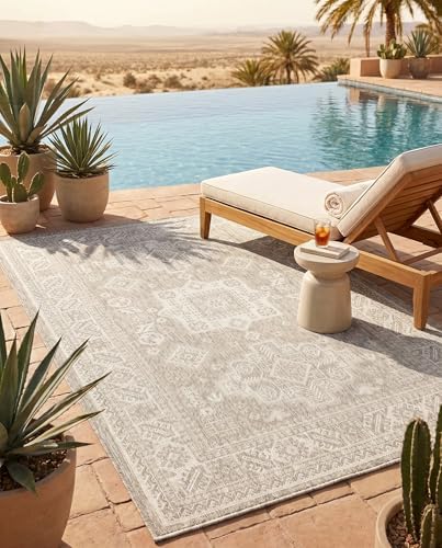 Rugs.com - Outdoor Aztec Rug – 5' 3 x 8' Light Gray Indoor/Outdoor Rug – Easy-Clean for Patios, Decks, and Porches - Image 5