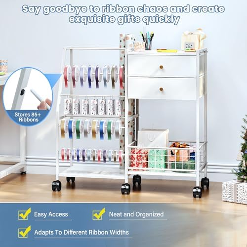 TC-HOMENY Wheeled Wrapping Paper Organizer Gift Wrap Ribbon Rack Blueprint - Image 3