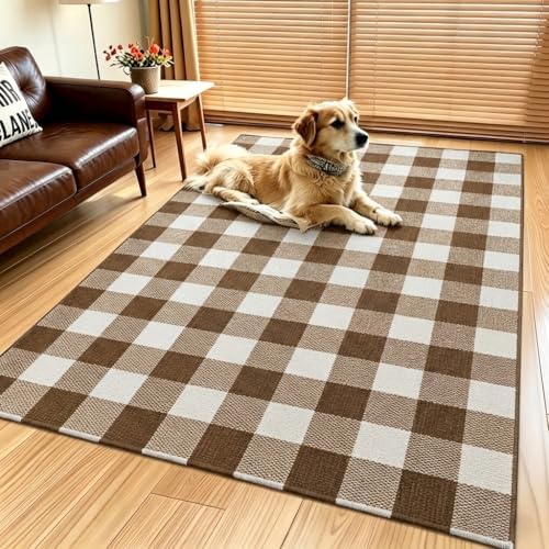MUBIN Fall Decor Cotton Buffalo Plaid Rug, 4' x 6' Coffee White Outdoor Rug Decorative Mat, Washable Large Doormat Hand-Woven Foldable Area Rug for Outdoor Patio Indoor Living Room Dining Room Kitchen - Image 4