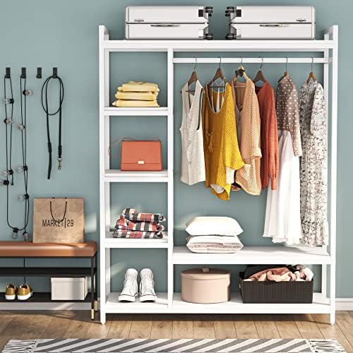 LITTLE TREE Free Standing Wood Closet Clothes Rack,Heavy Duty Grament Rack with Shelves,Hanging Racks for Clothes Clothing Rack for Bedrom,Wardrobe Closet Organizer,350 lb Capacity by LITTLETREE