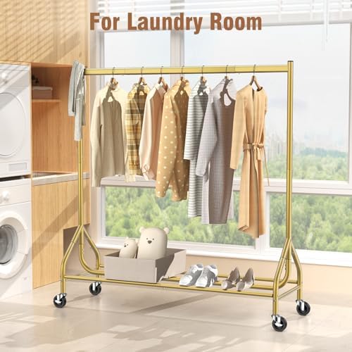 EAGMAK Heavy Duty Clothes Rack Load 420 LBS, Rolling Garment Rack with Lockable Wheels, Standing Metal Clothing Rack, Portable Wardrobe Sturdy Coat Rack for Hanging Clothes (Gold, 59″×18.9″×63″) - Image 6