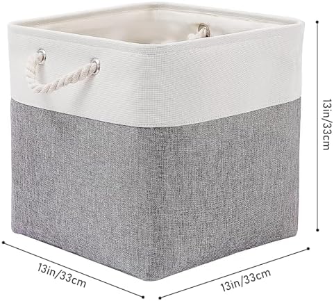 MidmmVick 13 x 13 Inch Cube Storage Bins, 6 Pack Extra Large Collapsible Fabric Storage Bin with Ropes, Foldable Storage Cubes for Home (White & Grey-13"x13"x13") - Image 4