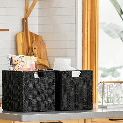 Vagusicc Storage Basket, Set of 2 Hand-Woven Storage Baskets for Organizing with Handles, Foldable Cube Storage Baskets Bins Organizer, 13 inch Large Wicker Baskets for Shelves & Decor, Black - Image 3