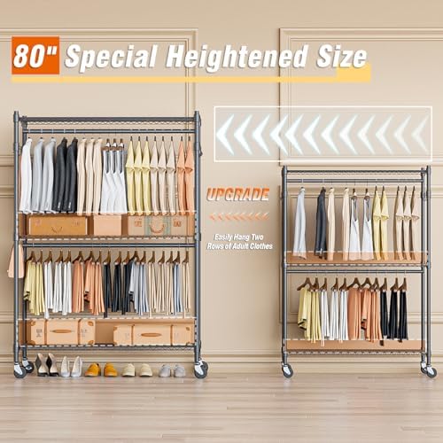 Homdox Heavy Duty Rolling Clothing Rack, Adjustable Garment Rack with 3 Tier Storage Shelves, Freestanding Closet Wardrobe for Hanging Clothes with Side Hooks, Gray - Image 2