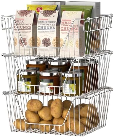 Slideep Large Stackable Storage Baskets Cabinet Organizer Sturdy Metal Wire Pantry Freezer Bin for Pantry Home Bathroom Kitchen Organization 3 Packs - Image 2