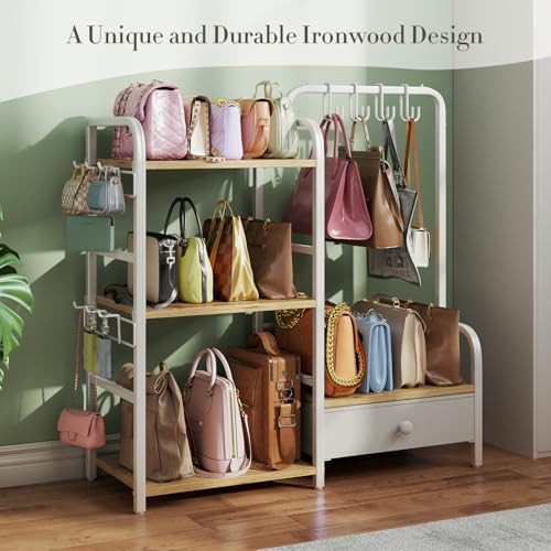 Purse Organizer for Closet, with Bottom Drawer, Extra Large Capacity 3 Tier Handbag Storage Rack for Women, 10 Purse Hanger and Hooks for Bag Organizer, Floor-Standing, Home, Living Room (Wooden) - Image 6