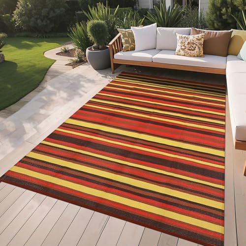 GAOMON 9x18 Outdoor Rug Waterproof for Patio Plastic Straw Large Rug Geometric Stripe Indoor Outdoor Area Rug Modern Lines Camping Rugs for RV Porch Deck B Trailer Beach, Purple/Red/Orange/Yellow - Image 2