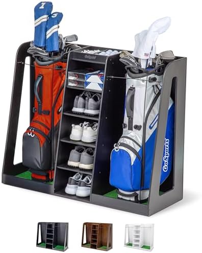 GoSports Premium Wooden Golf Bag Organizer and Storage Rack - Black, White or Brown Finish - Holds 2 Golf Bags by Unknown