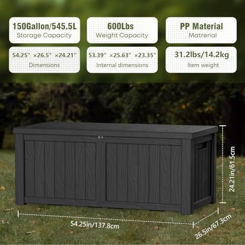 150 Gallon Resin Large Deck Box Organization and Storage Box for Patio, Outdoor Cushions, Garden Tools, Black | Hydraulic Pistons, Resin, Weatherproof - Image 3