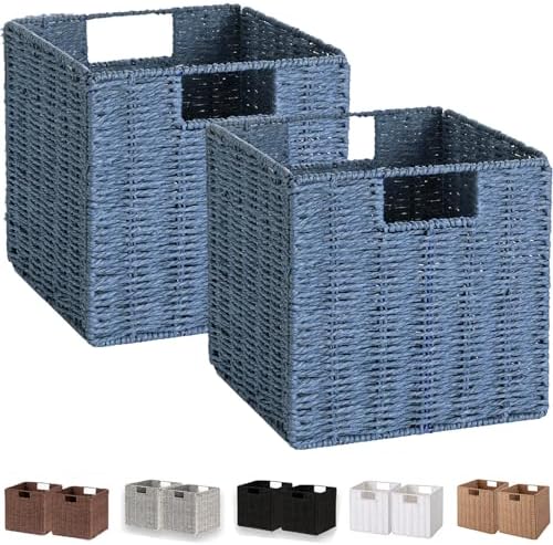 Vagusicc Wicker Storage Basket, Set of 2 Hand-Woven Storage Baskets for Shelves with Handles, Foldable Cube Storage Bins Organizer, Blue 13x13 Inch Large Wicker Baskets for Pantry Bedroom Decor, Blue by Vagusicc
