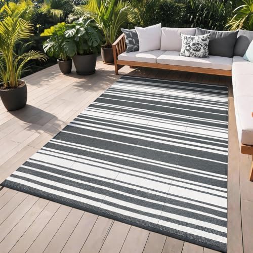 Garvee Geometric Lines 9x12 Outdoor Rug Striped Grey Plastic Straw Rugs by Garvee