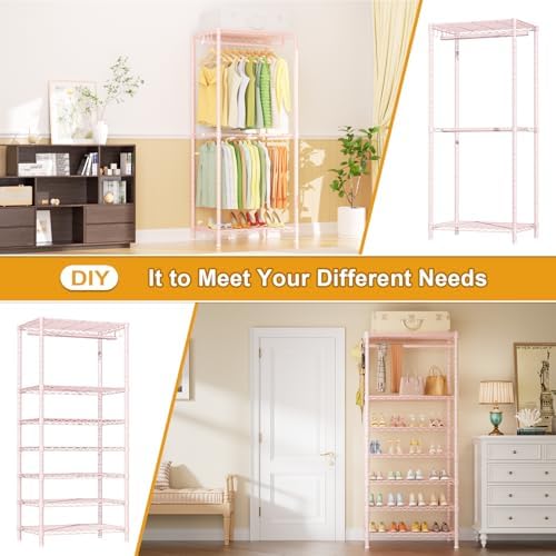 Ulif E13 Heavy Duty Clothes Rack（With 4 Hanger Rods & 8 Shelves） Freestanding Clothing Racks for Hanging Clothes，Adjustable Closet Organizer，Metal Garment Rack 63" W x16 D x77 H，Max Load 900LBS，Pink - Image 5
