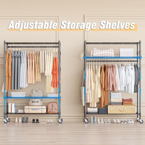 Homdox 3 Tier Heavy Duty Garment Rack with Wheels, Adjustable Wire Clothes Rack with Double Hanging Rods, Portable Closets for Hanging Clothes with Side Hooks, Black - Image 5