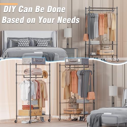 Homdox Heavy Duty Clothing Rack with 3 Tier Adjustable Wire Shelves, Garment Racks for Hanging Clothes, Double Rods Clothing Rack, Freestanding Closet Wardrobe with Side Hooks, Black - Image 6