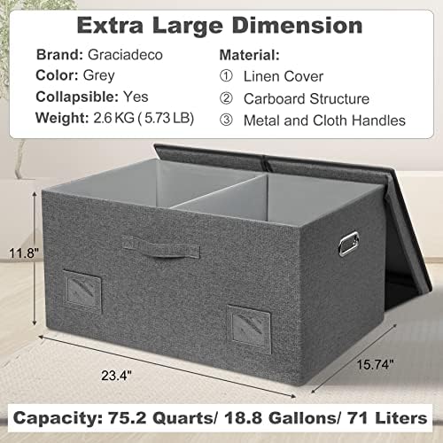 Graciadeco 75 Quarts Extra Large Decorative Storage Bins with Lids, 3 Packs Gray Collapsible Storage Bins with Lids, Stackable Storage Bins Decorative Box Storage With Lid Extra Large - Image 2