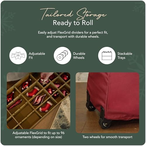 Covermates Keepsakes Rolling Adjustable Ornament Storage Bag – Heavy-Duty Polyester, FlexGrid Trays & Padded Dividers – Protective Holiday Organizer with Wheels, Handles & ID Window, Red - Image 5