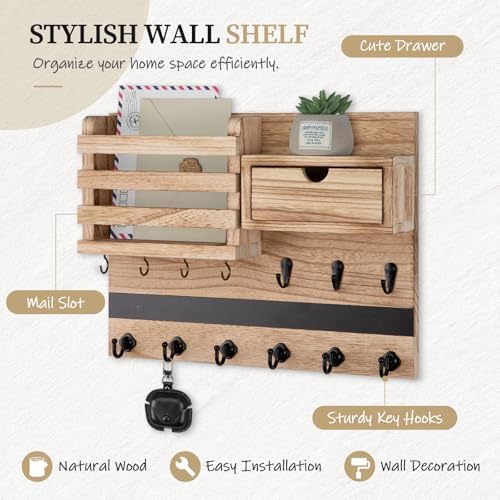 Nekon Key Holder Wall Mount with Drawer, 14.5" Mail Holder, Wood - Image 2