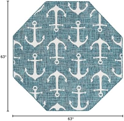 Unique Loom Outdoor Coastal Collection Area Rug - Ahoy (5' 3" Octagon, Teal/ Ivory) - Image 2